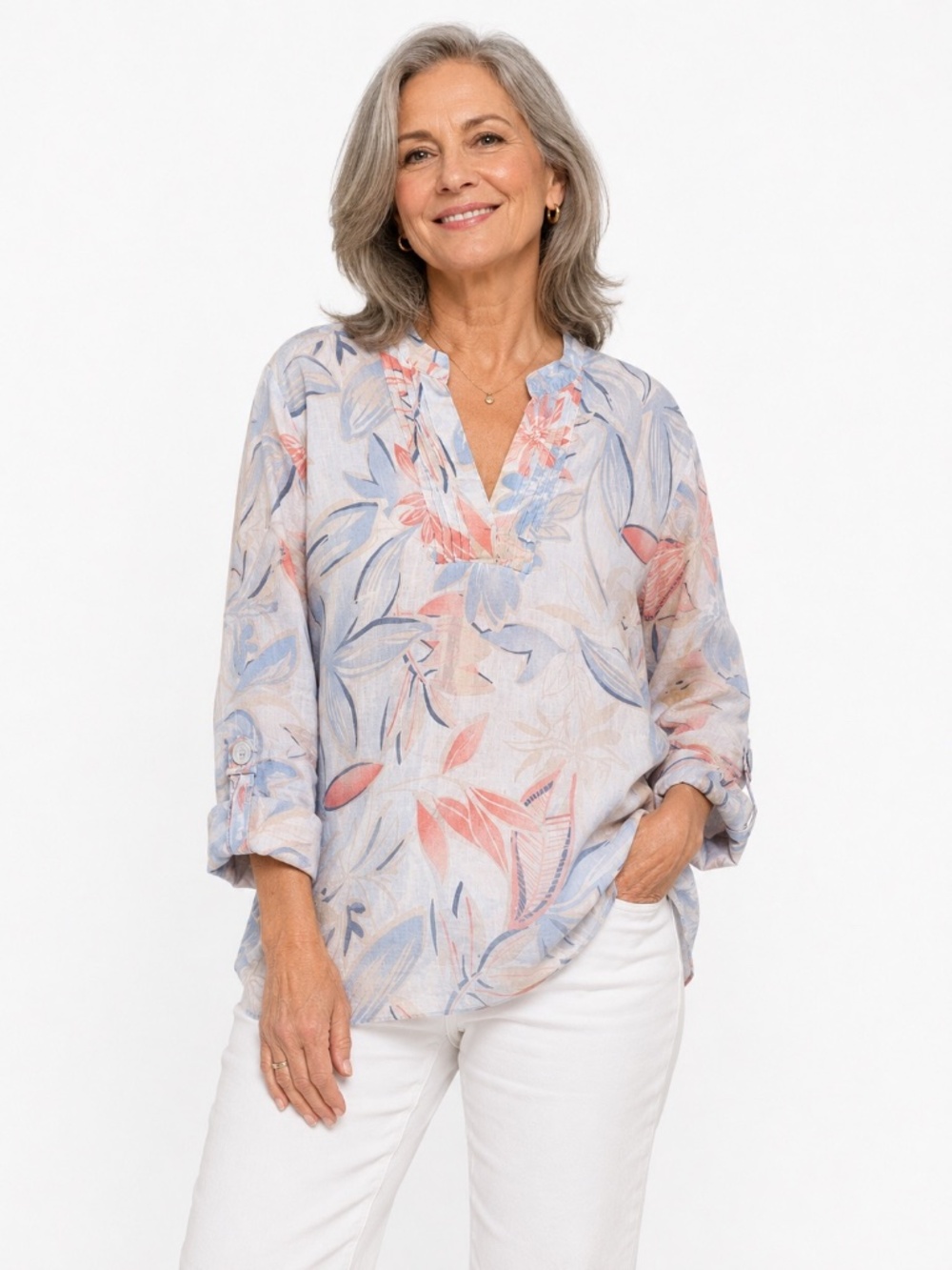 JM Collection Tunic Top Womens Size 20W Floral Pastel Linen Blend Vacation